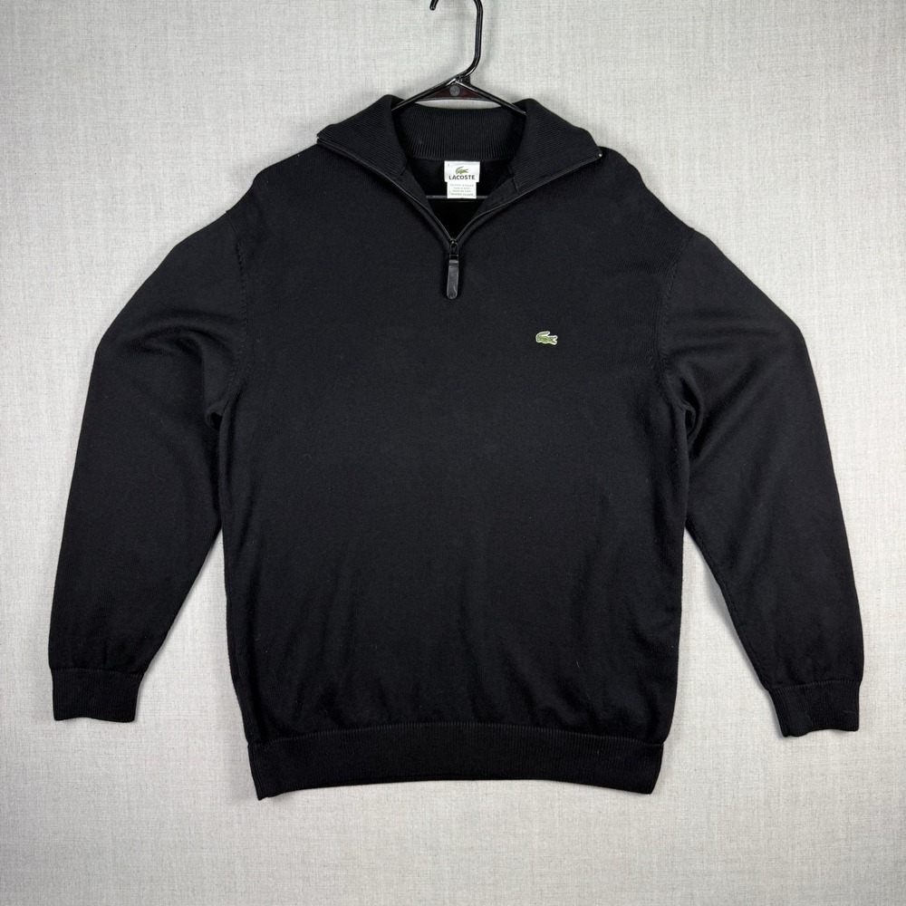 Lacoste Sweater Mens Size XXL Black Quarter Zip Pullover Cotton Logo MockNeck